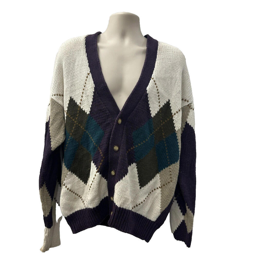 Structure Button Cardigan Mens Size Large Argyle Multi Color Vintage HEAVY!